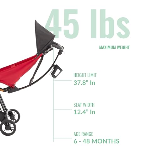 Evolur Roamer Ultra Lightweight Stroller, Compact One-Hand Self-Standing Fold Travel Stroller with 5-Point Safety Harness, Adjustable Sun Canopy, 360° Rotating Wheels with Cup Holder - Red