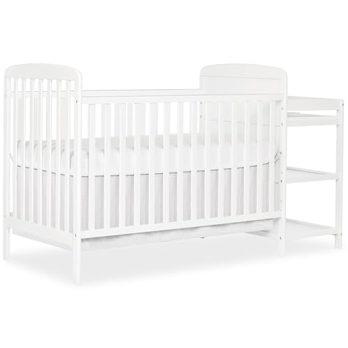 Dream On Me Anna 3-in-1 Convertible Full-Size Baby Crib & Changer with Storage in White, GreenGuard Gold & BSA, Pinewood, Converts to Day & Toddler Bed, 3 Mattress Heights, 1″ Changing Pad