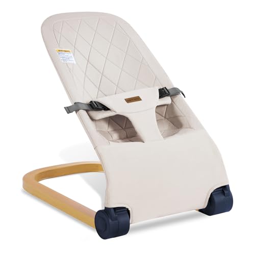 Winchild Baby Bouncer,Portable Baby Bouncer Seat & Foldable with 3 Height Adjustments, Ergonomic Bouncer for Babies 0-6 Months, Wood Grain Style, Natural Vibrations, Includes Storage Bag (Beige)