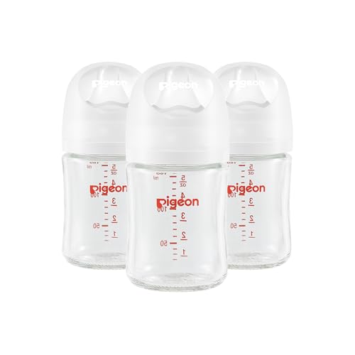 Pigeon Glass Nursing Bottle Wide Neck, Nurture & Nest, Anti-Colic, Streamlined Body, Natural Feel, Easy to Clean, Heat-Resistant, 5.4 Oz (Pack of 3), Includes 3pcs Stage 1 Nipples (0m+)