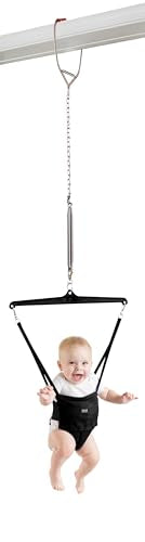 Jolly Jumper Iconic (Black), Doorway Baby Jumper, Indoor Exercise Saddle Seat, Adjustable Height, for Infants up to 28lbs, No Stand Required