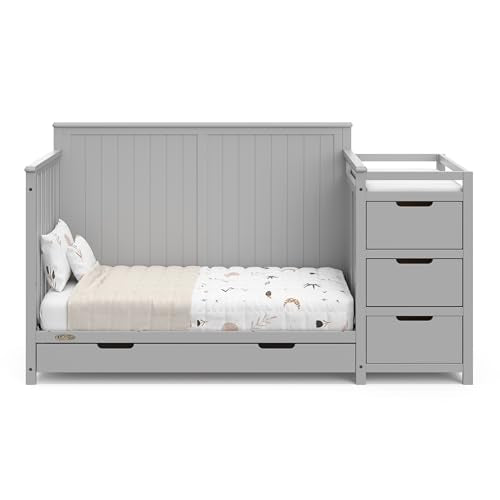 Graco Hadley 5-in-1 Convertible Crib & Changer – GREENGUARD Gold Certified, Fits Standard Crib Mattress, Converts to Toddler Bed and Full Bed, 4 Adjustable Mattress Heights (Pebble Gray)
