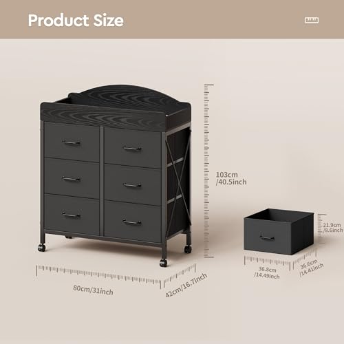 Yetom Baby Changing Table Dresser with Wheels, 6-Fabric Drawer Baby Dresser with Changing Table Top, Waterproof Diaper Changing Station & Pad, Mobile Storage Unit, Compact Baby Furniture, Black