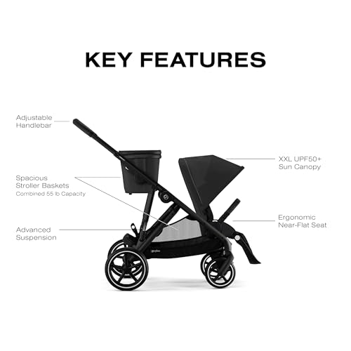 Cybex Gazelle S All-in-One Toddler and Baby Stroller with Over 20 Modular Configurations, Ergonomic Near-Flat Recline, Shopper Basket, and Compact Fold, Moon Black, Black Frame