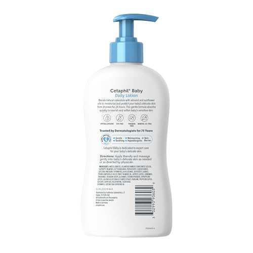 Cetaphil Baby Daily Lotion with Organic Calendula, 13.5 fl oz, Vitamin E, Sweet Almond & Sunflower Oils, Mineral Oil Free, Paraben Free, Dermatologist Tested, Clinically Proven for Sensitive Skin
