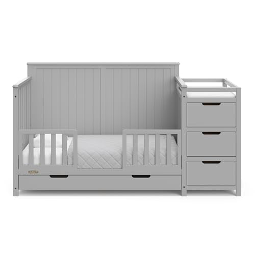 Graco Hadley 5-in-1 Convertible Crib & Changer – GREENGUARD Gold Certified, Fits Standard Crib Mattress, Converts to Toddler Bed and Full Bed, 4 Adjustable Mattress Heights (Pebble Gray)