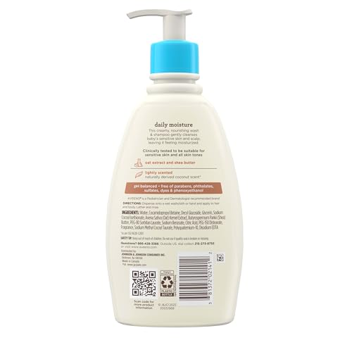 Aveeno Baby Daily Moisturizing 2-in-1 Wash & Shampoo, Baby Body Wash & Shampoo with Shea Butter & Oat Extract Gently Cleanses Baby's Sensitive Skin & Scalp, Gentle Coconut Scent, 12 fl. oz