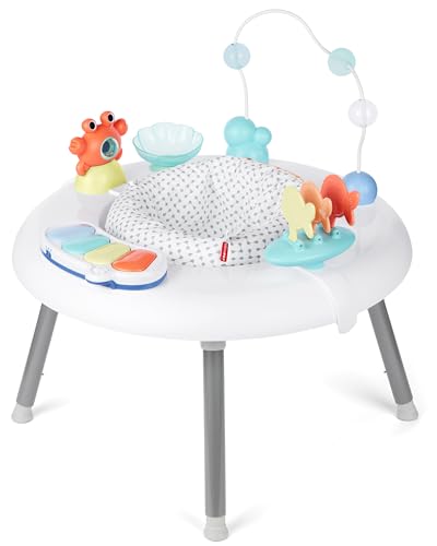 Skip Hop 2-in-1 Baby Activity Center with 20+ Developmental Activities Light-up Musical Piano for Tummy Time Play 4 Clip-on & Moveable Toys and 360-degree Rotating Seat Seascape Age 4m+