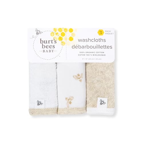 Burt's Bees Baby Washcloths for Infants, 100% Organic Cotton, Soft and Absorbent Knit Terry Face Towel, 9 x 9 in, 3-Pack