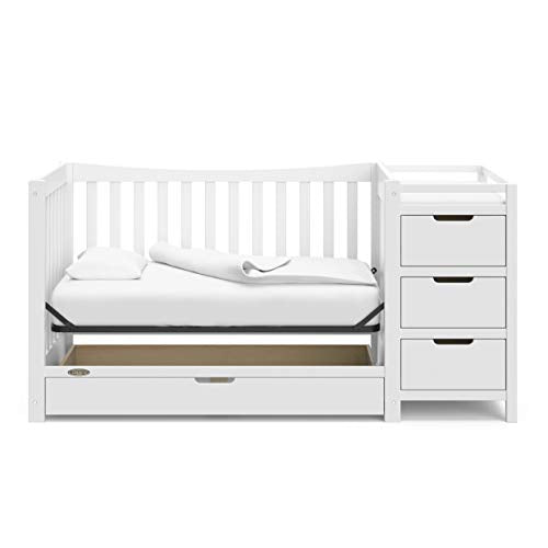 Graco Remi 4-in-1 Convertible Crib & Changer – GREENGUARD Gold Certified, Fits Standard Crib Mattress, Converts to Toddler Bed and Full Bed, 4 Adjustable Mattress Heights (White)