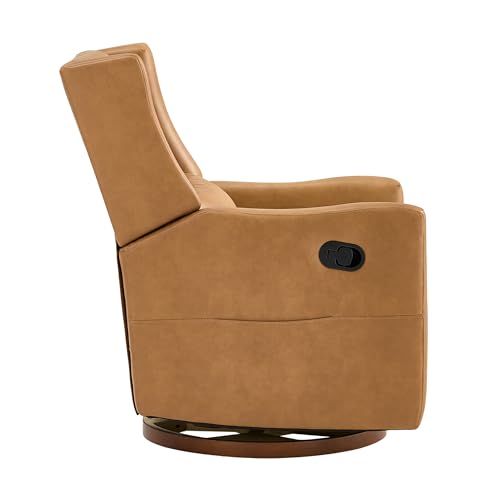 KISLOT Faux Leather Recliner Swivel Glider, 360° Rotation Nursery Chair Upholstered Reclining Rocker with Wood Base for Living Room Bedroom Nursery