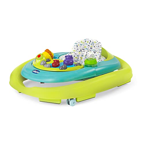 Chicco Walky Talky Foldable Baby Walker, Multilingual Play Tray with Music and Lights, 3 Height Adjustments, Brake Pads, for Children up to 26 lbs., Compact Fold, Circles/Grey/Green