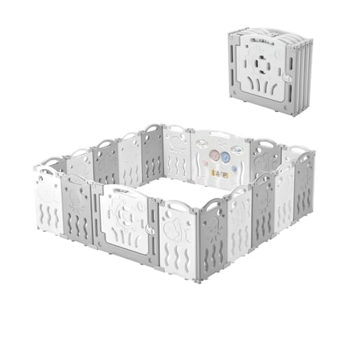 Albott Baby Fence Kid Playpen 18 Panel Albott Play Yard - Foldable Kids Safety Activity Center Playard Safety Lock Gate,Adjustable Shape, Portable Design for Indoor and Outdoor (18 Panel, Grey+White)