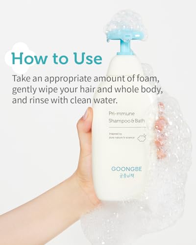 GOONGBE Pri-mmune Baby Shampoo & Body Wash for Sensitive Skin & Hair – Korean 2-in-1 Tear-Free Tested Head-to-Toe Cleanser, Sulfate-Free Low pH with Ceramide NP & Royal Oji Complex, Quick Rinse 11.8oz
