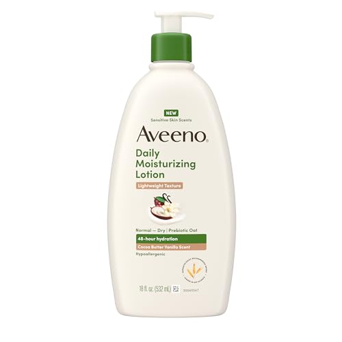 Aveeno Daily Moisturizing Lotion with A Cocoa Butter Vanilla Scent & Soothing Prebiotic Oat, Lightweight Lotion Provides 48-Hour Hydration for Sensitive Skin, Hypoallergenic, 18 fl. oz