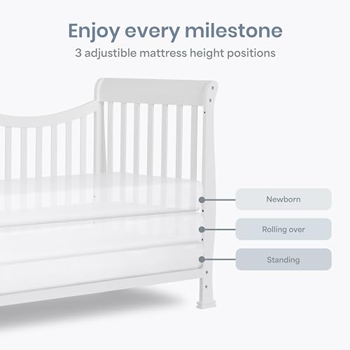 Dream On Me Violet 7-in-1 Convertible Full-Size Baby Crib with Toddler, Day & Full Bed Conversion in White, GreenGuard Gold & BSA, 3 Mattress Heights, Sustainable Pinewoo