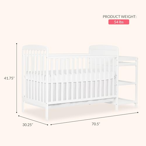 Dream On Me Anna 3-in-1 Convertible Full-Size Baby Crib & Changer with Storage in White, GreenGuard Gold & BSA, Pinewood, Converts to Day & Toddler Bed, 3 Mattress Heights, 1″ Changing Pad