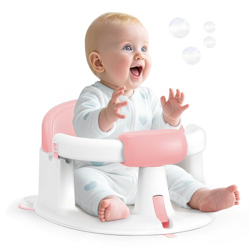 PANUSU Baby Bath Seat for Babies Sitting Up, Non-Slip Baby Bath Chair with Strong Suction Cups, Lockable Armrest & High Back 360° Safety Support, Ideal for Active Toddlers 6-24 Months, Pink