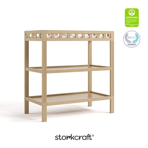 Storkcraft Morningside Changing Table (Driftwood) – GREENGUARD Gold Certified Baby Changing Table, Includes Waterproof Diaper Changing Pad, Easy 30-Minute Assembly, 2 Open Shelves for Storage
