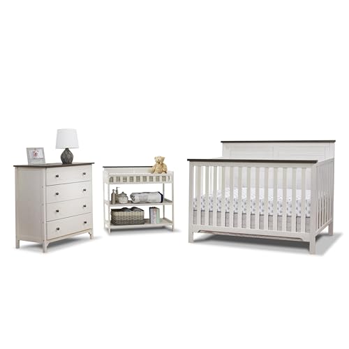 Sorelle Furniture Farmhouse 3-Piece Nursery Set with 4-in-1 Convertible Crib, 4-Drawer Dresser, and Changing Table with Shelves, Baby Furniture Made of Wood, Non-Toxic Finish-Chocolate and White