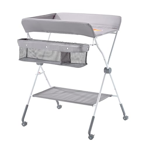 VEVOR Baby Changing Table, Foldable Diaper Change Station with Side Basket, Adjustable Height Changing Table with Lockable Wheels, Multi-Functional Nursery Storage Organizer, Gray
