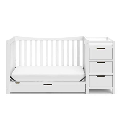 Graco Remi 4-in-1 Convertible Crib & Changer – GREENGUARD Gold Certified, Fits Standard Crib Mattress, Converts to Toddler Bed and Full Bed, 4 Adjustable Mattress Heights (White)