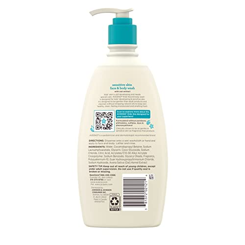 Aveeno Kids Sensitive Skin Face and Body Wash with Oat Extract, Gently Washes Away Dirt and Germs Without Drying, Tear-Free, Hypoallergenic Kids Body Wash, 18 fl. oz, 2 Pack