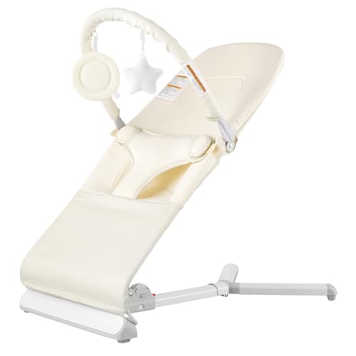 VEVOR Baby Bouncer, Folding Bouncer Seat for Babies 0-9 Months, Portable Baby Bouncer Seat with 2 Reclining Angles, Rotatable Toy Bar & Carrying Bag, Ideal for Indoors Outdoors, Beige