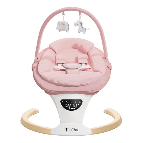 TimChic Baby Swings for Infants, Portable Infant Swing with 5-Speeds, 3-Adjustable Height, 3 Timer & 12 Preset Melodies, Mutil-Function Electric Swing for Baby, Indoor & Outdoor Use (Pink)