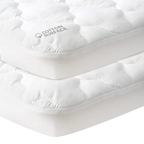 Pack and Play Mattress Pad Protector 2 Pack Waterproof, Cotton Fabric Absorbent, Soft Pack and Play Sheets, Fits Graco Play Yards, Baby Portable Mini Cribs. Foldable Mini Crib Sheets Cover