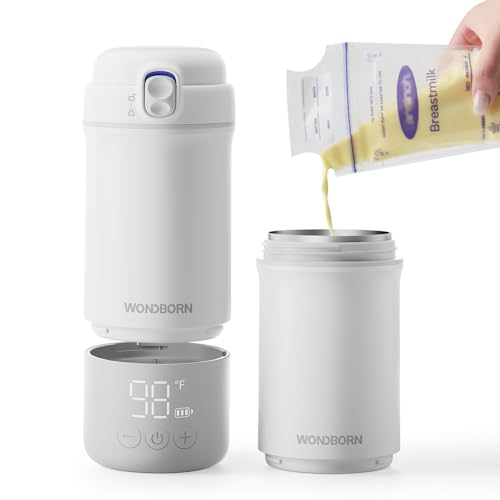 WONDBORN Portable Bottle Warmer for Travel, Dishwasher Safe, 3X Faster & Even Heating, 8 Feeds per Charge, 17oz, 1℉ Precise Adjust, Thaw, Keep Warm, Use While Charging, for Breastmilk & Formula