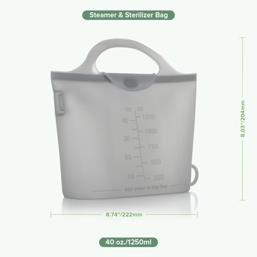 Haakaa On-The-Go Silicone Microwave Steam Sterilizer Bags for Travel, 40oz/1250ml Reusable Silicone Steaming Bags for Baby Bottles, Breast Pump, Accessories, Pacifiers, Teethers,Grey/1PC