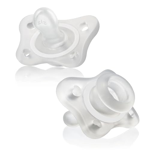 Chicco PhysioForma Mini Orthodontic Pacifier for Babies 0-2 Months, Ultra Light & Small, 100% Soft Silicone, Supports Breathing, One-Piece Design, Included Sterilizing Case, BPA Free, 2-Pack, Clear