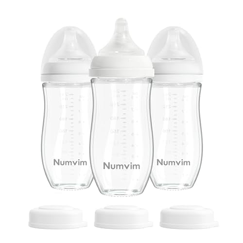 Numvim Natural Glass Baby Bottles with Gentle & Slow Flow Nipples, Newborn Breastfeeding Bottle, Anti-Colic, Includes M Nipples(3 Month+),3 Packs (White 8 Oz)