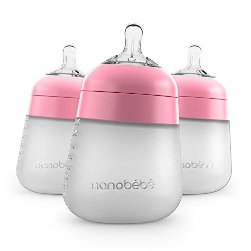 Nanobebe Flexy Silicone Baby Bottle, Anti-Colic, Natural Feel, Non-Collapsing Nipple, Non-Tip Stable Base, Easy to Clean, 3-Pack, Pink, 9oz