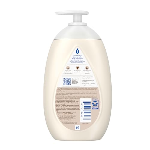 Johnson's Skin Nourishing Baby Lotion, Vanilla & Oat Scents, Hypoallergenic Baby Body Lotion for 72 Hour Hydration Until Baby's Next Bath Moisturizes & Protects from Dryness, 16.9 fl. oz
