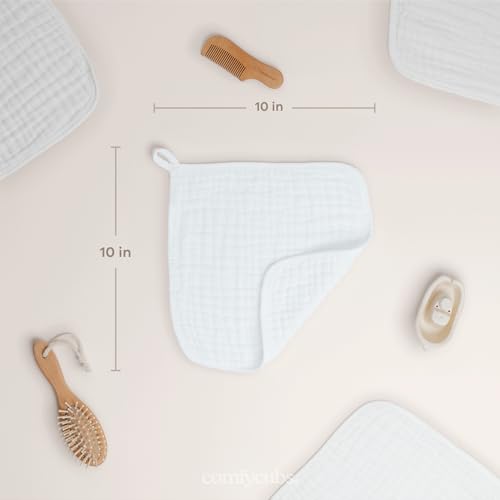 Comfy Cubs Muslin Baby Washcloths 10 Pack - Soft 6-Layer Cotton Wash Cloths for Sensitive Skin - 10"x10" Large, Gentle, Absorbent Infant Essentials for Newborn and Toddlers - White