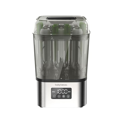 Baby Brezza 10 Minute SuperQuick Bottle Sterilizer + Dryer - Large 8 Bottle Capacity - Steam Sanitization – Universal Fit for All Bottles: Plastic + Glass + Pacifiers + Breast Pump Parts, Stainless