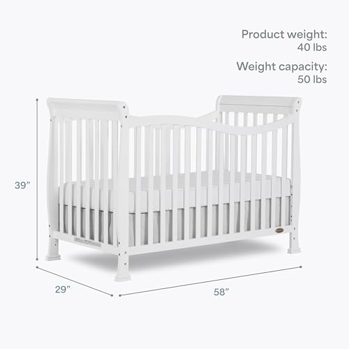 Dream On Me Violet 7-in-1 Convertible Full-Size Baby Crib with Toddler, Day & Full Bed Conversion in White, GreenGuard Gold & BSA, 3 Mattress Heights, Sustainable Pinewoo