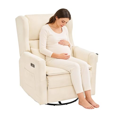 RUTOX Power Recliner Chair Swivel Glider with Adjustable Headrest，Oversized Swivel Rocker Recliner with Lumbar Support, Upholstered Nursery Glider Recliner for Living Room,White