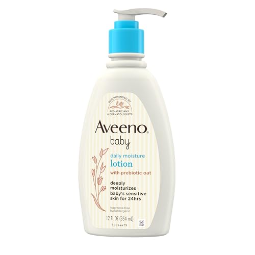 Aveeno Baby Daily Moisture Body Lotion for Sensitive Skin, Hypoallergenic Moisturizing Baby Lotion with Nourishing Oatmeal to Deeply Moisturize Baby's Skin, Fragrance-Free, 12 fl. oz
