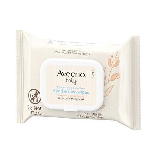 Aveeno Baby Fragrance-Free Hand & Face Wipes with Oat Extract & Aloe, Cleansing & Moisturizing Baby Wipes for Sensitive Skin, Sulfate-, Alcohol-, Paraben- & Dye-Free, Hypoallergenic, 25 ct (Pack of 4)