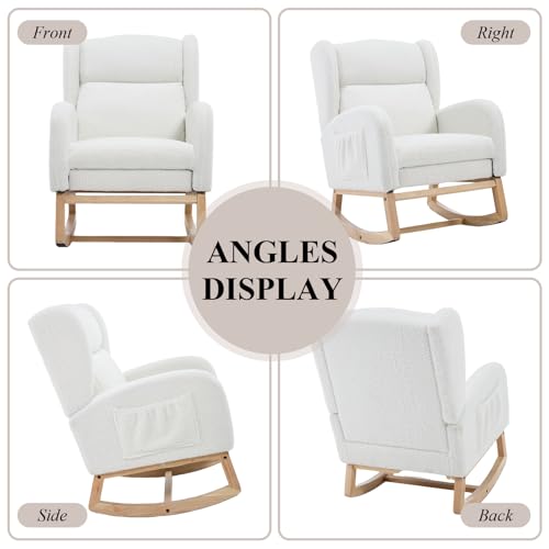 NIOIIKIT Nursery Rocking Chair with Footrest, Teddy Upholstered Glider Chair, Rocker Nursery Chair with Side Pocket, Glider Rocker, Accent Reading Chair for Living Room (White Teddy)