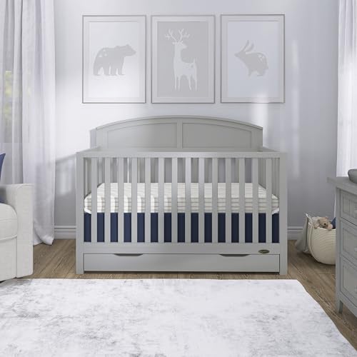 Dream On Me Storybrooke 5-in-1 Convertible Full-Size Crib with Under Drawer, Pebble Grey, GreenGuard Gold & BSA, Convert to Toddler, Day & Full-Size Bed, 3 Mattress Heights, Sustainable Pinewood