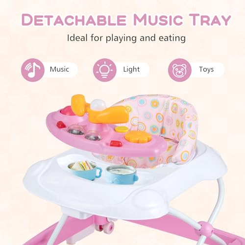 BABY JOY Baby Walker, 4 in 1 Foldable Activity Walker with Adjustable Height, Music, Lights, Anti-Rollover Toddler Push Walker, Baby Walker with Wheels for Boys Girls 7-14 Months (Pink)