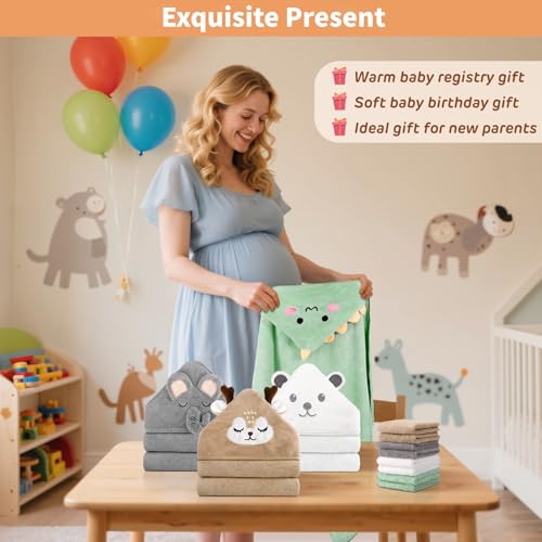 CandyHome 12 PCS Baby Bath Towels Set for Infants Toddlers, 4 PCS Animal Hooded Baby Towels & 8 PCS Washcloths Set, Ultra Absorbent Cute Soft Newborn Bath Essentials Gifts for Boys & Girls