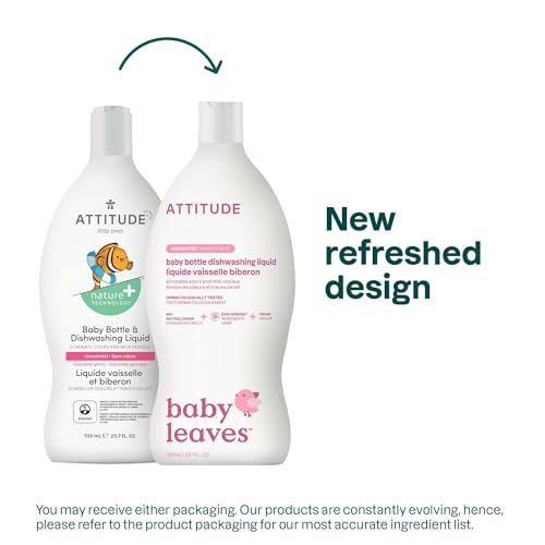 ATTITUDE Baby Bottle & Dish Soap, EWG Verified Bottle Cleaner, Fragrance Free & Dye Free, Removes Milk Residue & Grease, Vegan, Unscented, 23.7 Fl Oz