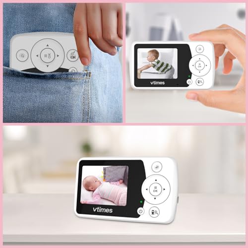 VTimes Baby Monitor with Camera and Audio, No WiFi, 2.4" LCD Screen, Two-Way Talk, Portable, Night Vision, 1000ft Range, Temperature Sensor, Alarm and Lullaby, for Baby Shower