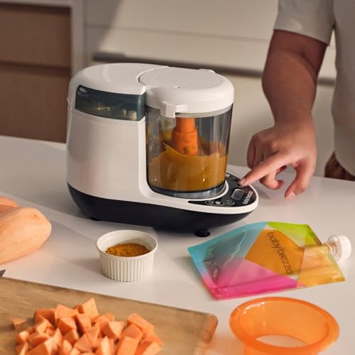 Baby Brezza One Step Baby Food Maker Deluxe – Auto shut Off, Dishwasher Safe Cooker and Blender to Steam + Puree Organic Food for Infants + Toddlers - Set of 3 Pouches + 3 Funnels