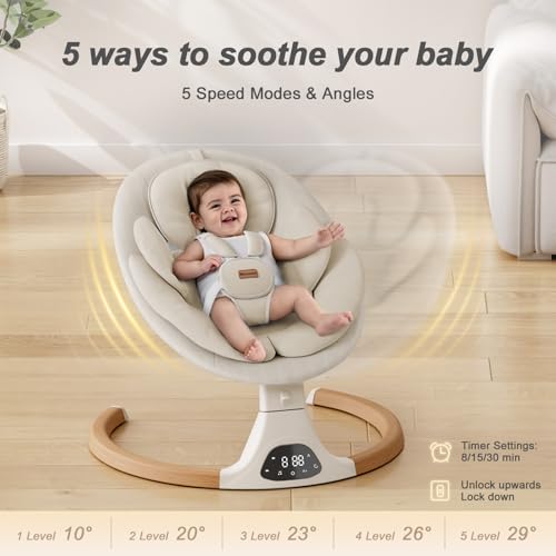 Baby Swings for Infants, Monamii Baby Swing, Bluetooth Infant Swing with Music Speaker, 5 Speeds and Remote Control, Indoor & Outdoor Use (Beige)